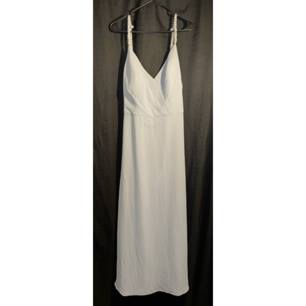 Hayley Paige Occasions Blue Chiffon Maxi Dress 14 Beaded Strap Formal Gown